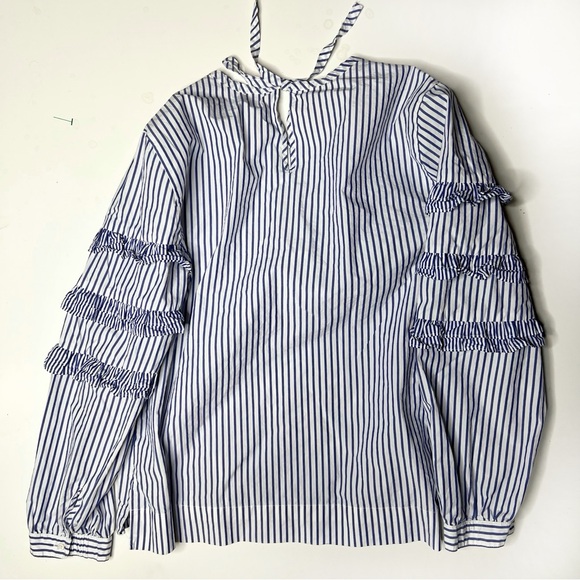 J.Crew Tiered Top Poplin in Mixed Stripes Brunswick Blue Ruffle Sleeves Size 10 - Picture 3 of 9